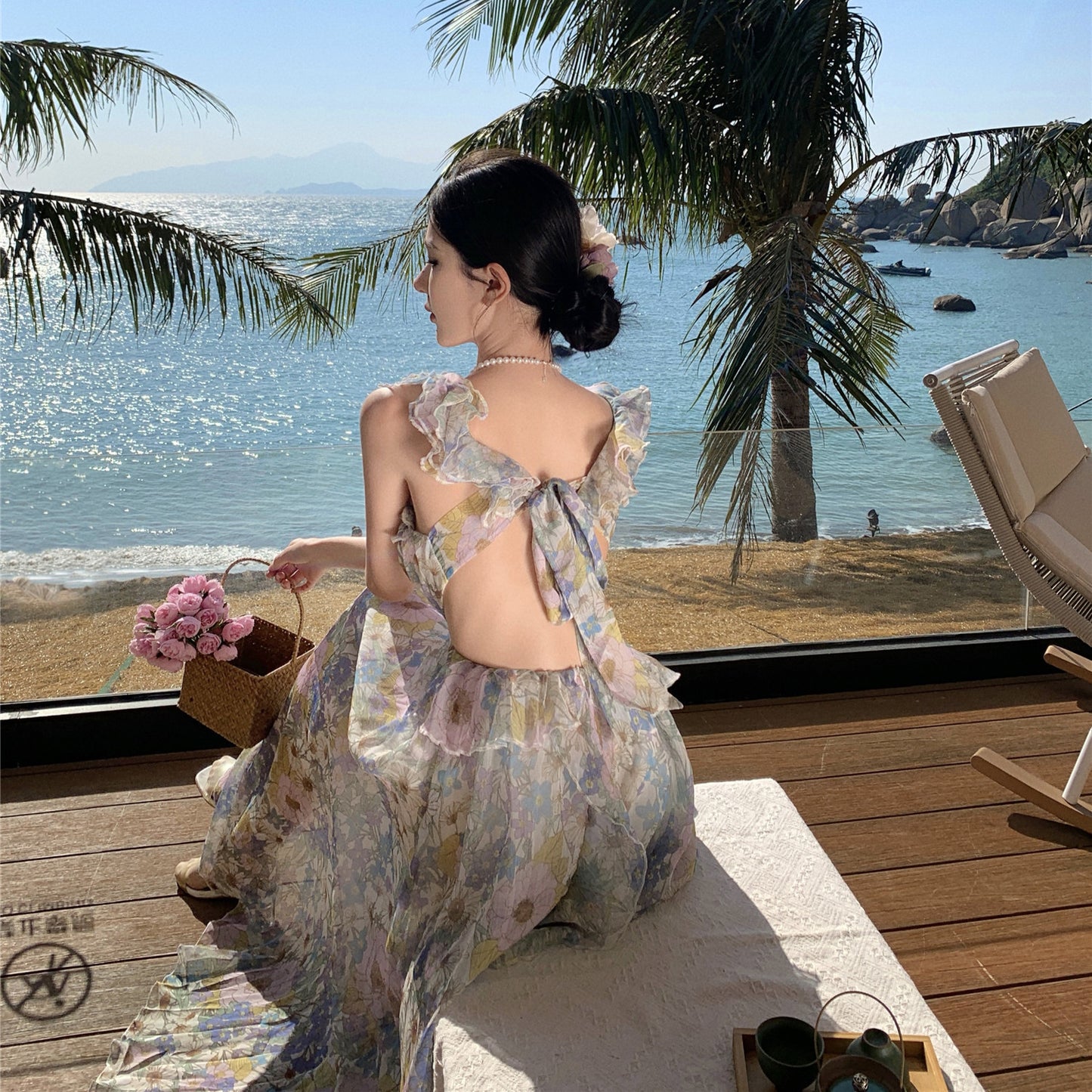 2025 coffee break summer dopamine print beautiful floral suspender dress women's seaside vacation dress beach dress