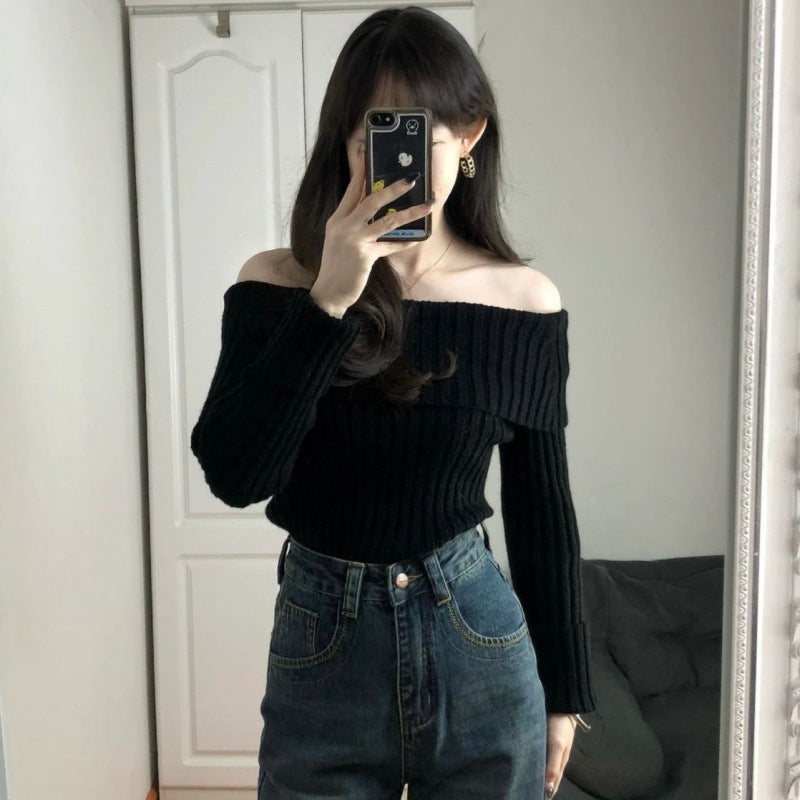 qgtao 2000s fashion Autumn and Winter off-Shoulder Collar Black Sweater Lazy 2024 New Design off-Shoulder Long Sleeve High-End Slim Sweater Top