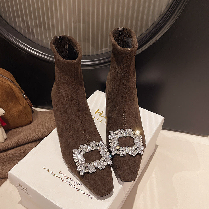 2025 Elastic thin boots women's popular winter new pointed rhinestone square buckle fashion velvet warm thin high-heeled short boots