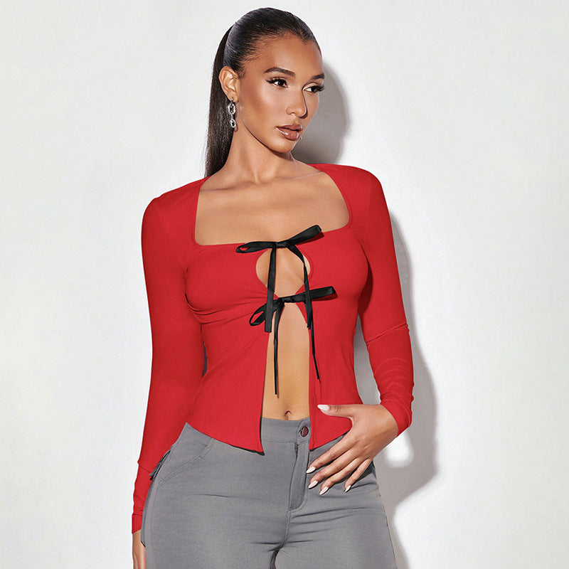 qgtao 2000s fashion Women's Spring New round Neck Trapezoidal Collar Long Sleeve Bow Tied Rope Cardigan T-shirt Top