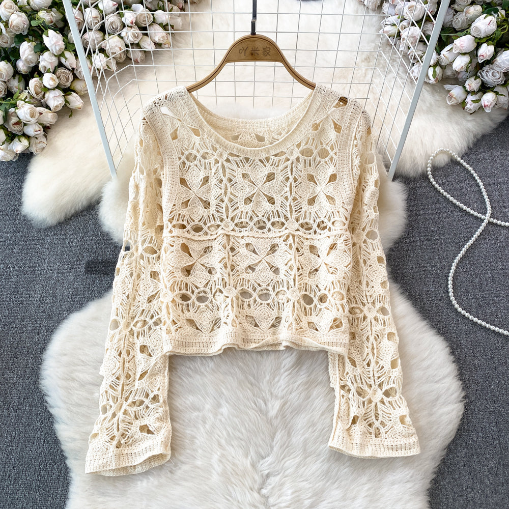 qgtao outfit inspo Long Sleeve Round Neck Hollow-out Crocheted Sweet Sweater Korean Style round Neck Fashion Casual Seaside Vacation Long Sleeve Top for Women