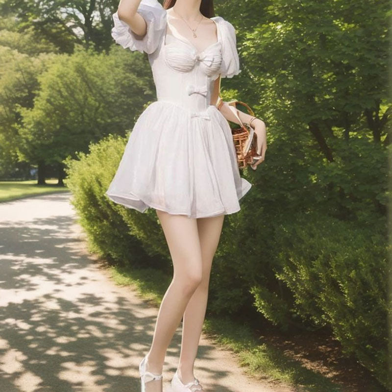 white dress women's 24 summer new small square neck bow temperament dress dress L4040