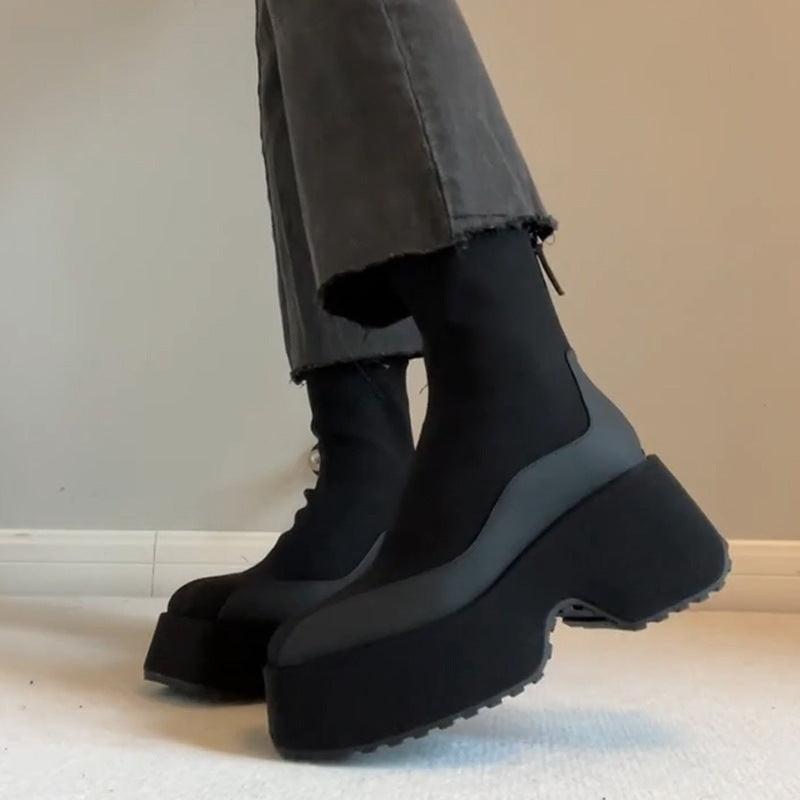 2025 Black Martin boots women's small thick-soled heightening zipper muffin bottom elastic thin boots after splicing