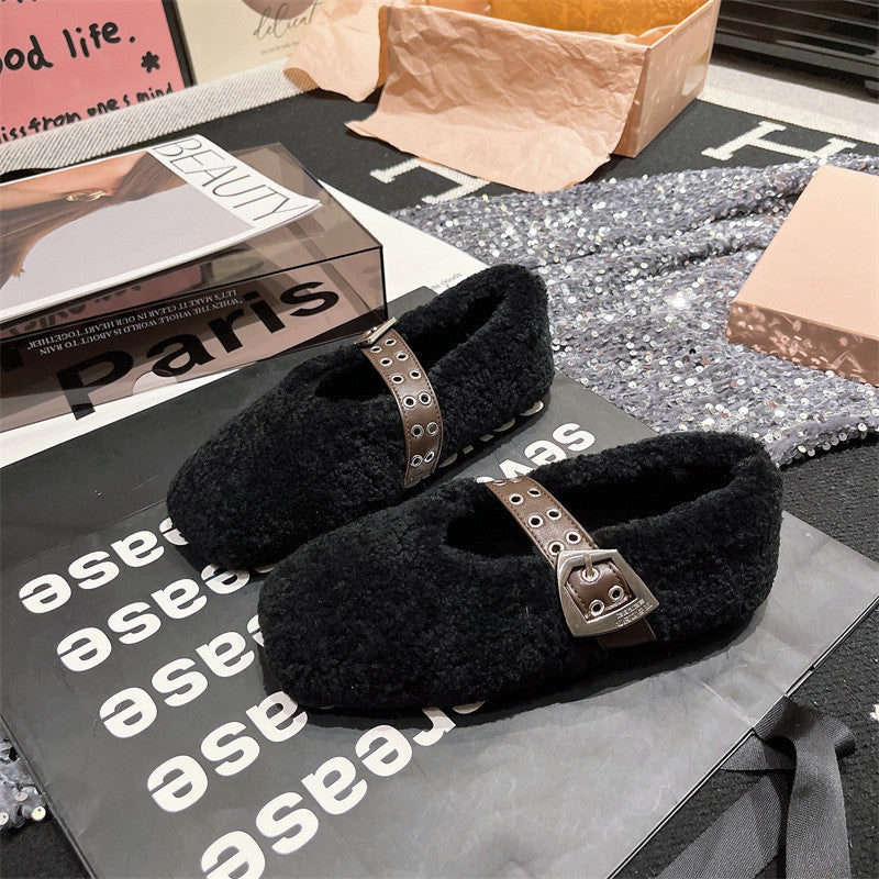 2025 Korean version of one-word Mary Jane autumn and winter new Doudou women's shoes plush flat-soled fluffy shoes single shoes cotton ladyshoes