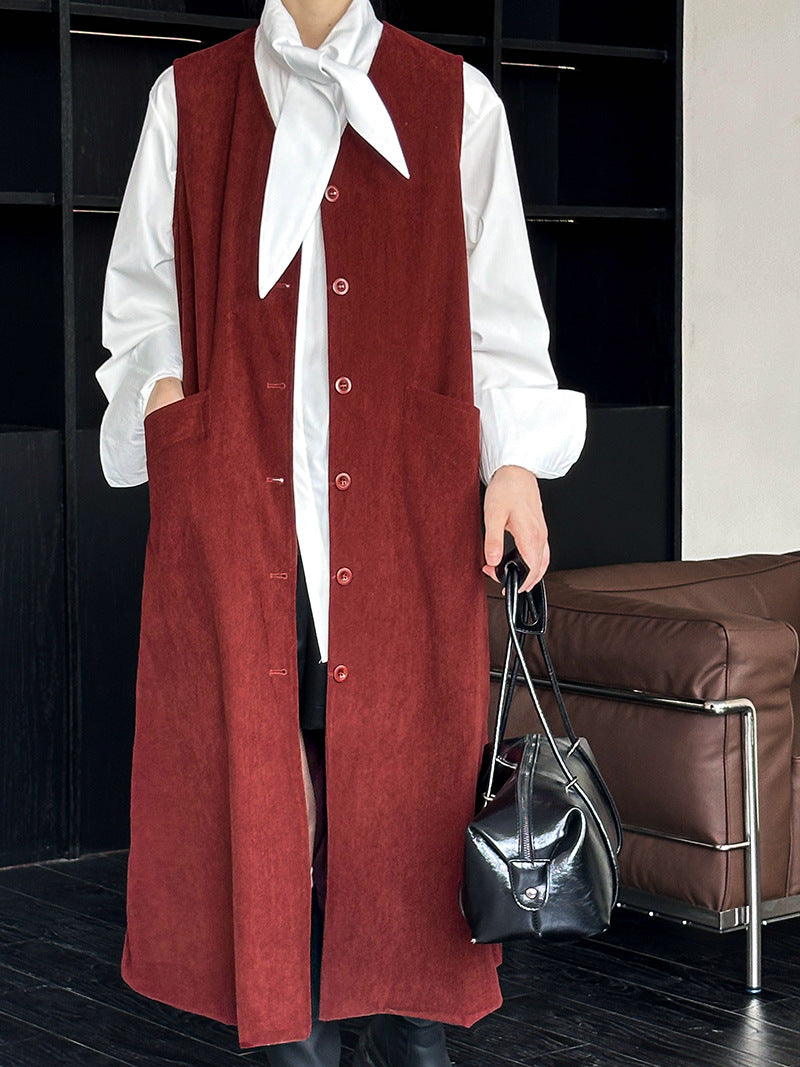 2025 popular autumn new coat Korean solid color Ankra red big pocket breasted medium and long vest 8603