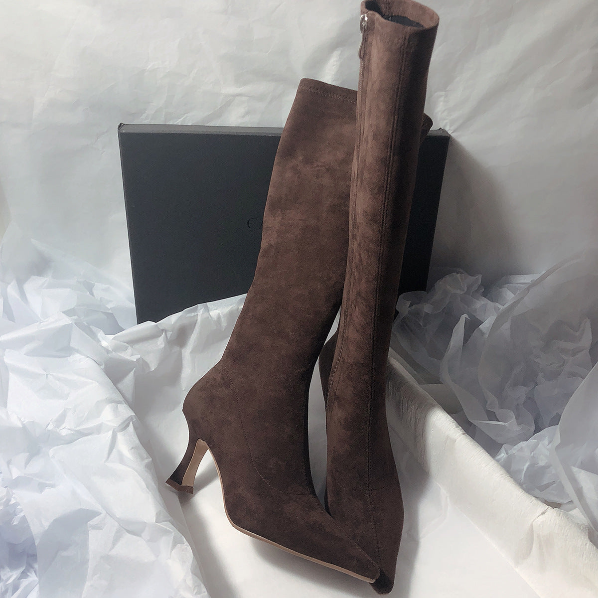 2025 Korean version of simple long boots but knee elastic boots matte thin boots side zipper pointed high heel boots