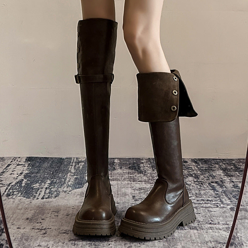 2025 Black retro British style thick heel platform boots women's popular autumn and winter new boots tall and thin knight boots