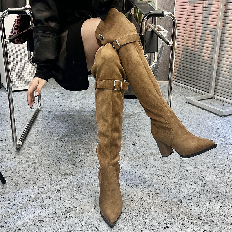 2025 Pointed high-heeled boots women's boots popular winter new two wear thick heel knee boots show thin temperament thin boots