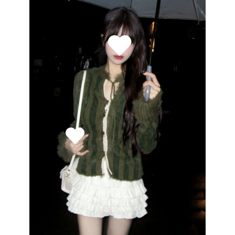 qgtao masc outfits Sweet Hot Girl Retro Lace-up Long-Sleeved Cardigan Sweater Women's Autumn New Plush Stitching All-Matching Coat Top