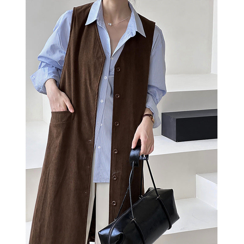 2025 popular autumn new coat Korean solid color Ankra red big pocket breasted medium and long vest 8603
