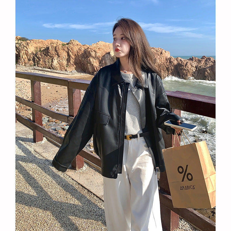qgtao 2000s fashion Black PU Leather Coat for Women Spring and Autumn 2024 New Korean Hong Kong Style Chic Retro Fried Street High-Grade
