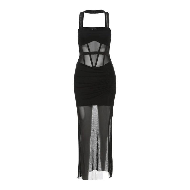 2025 style popular summer new women's clothing temperament wear black mesh splicing tight mesh dress