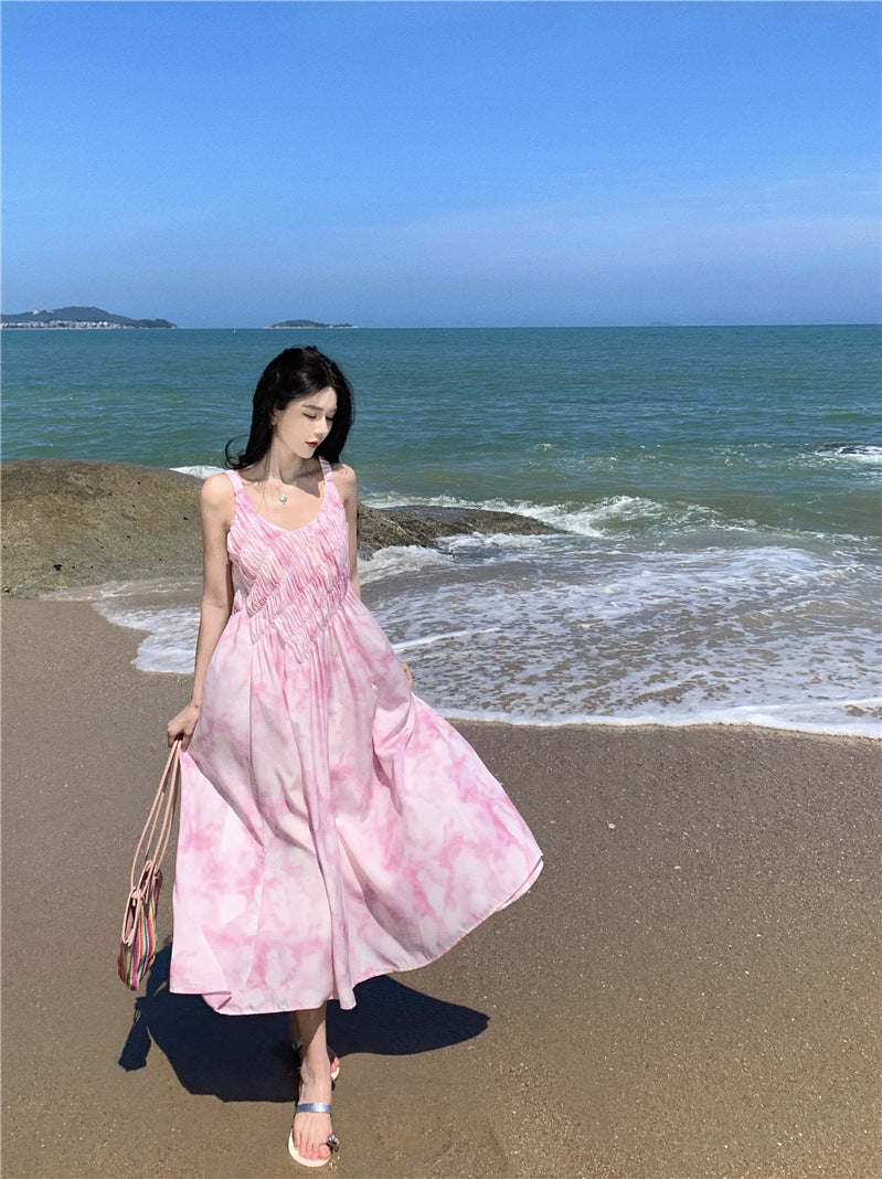 2025 Pink ink smudge printing suspender dress women's summer long and thin high-end seaside vacation skirt