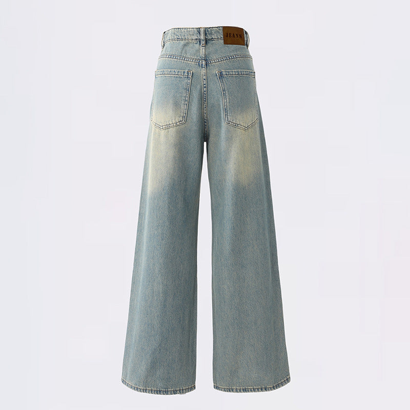 qgtao 90s streetwear Jinyin American Retro High Waist Distressed Loose Wide Leg Pants Early Autumn New Straight Jeans Trousers Lengthened