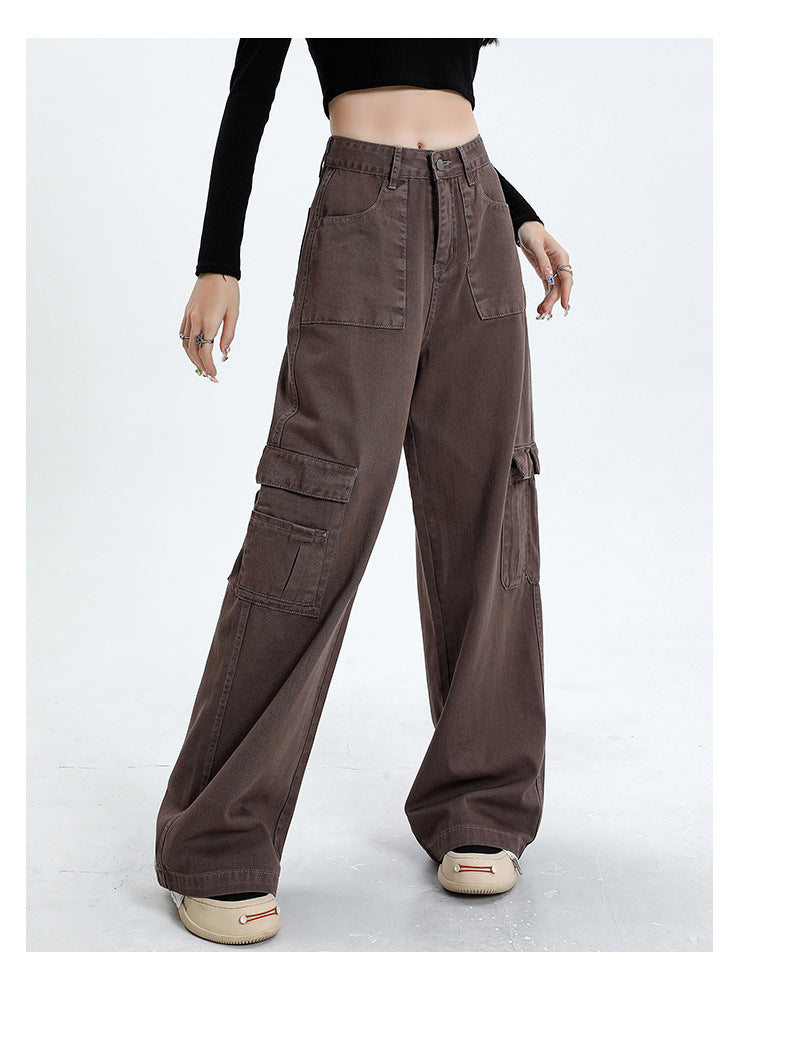 2025 Apricot n tooling multi-pocket jeans women's spring and summer popular new high-waisted loose straight wide-leg pants