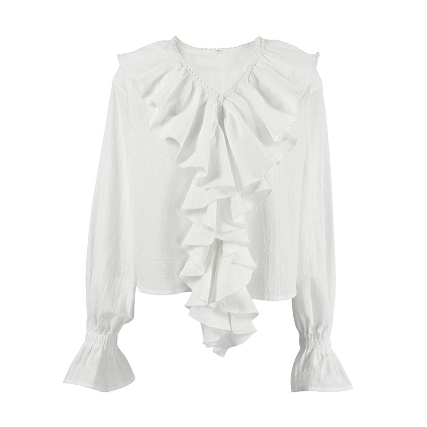 2025 popular pure cotton lace fashionable and sexy V-neck shoulder sleeves autumn and winter retro niche ruffle edge women's shirt