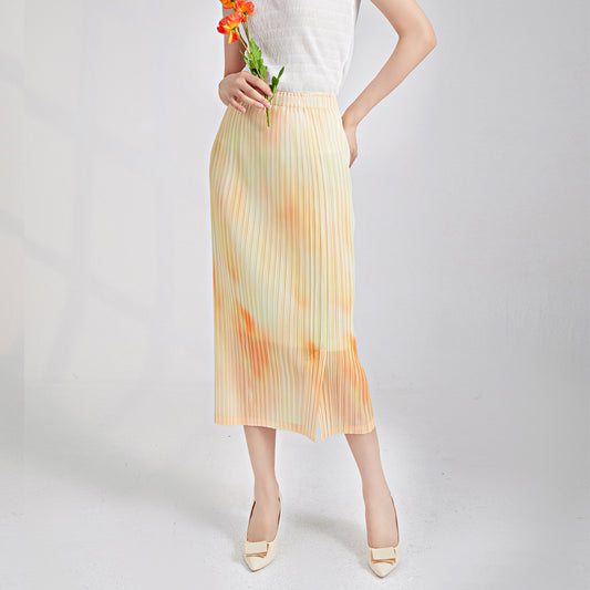 Gradual change skirt high-end double-layer lining elastic waist medium and long temperament versatile one-step hip skirt