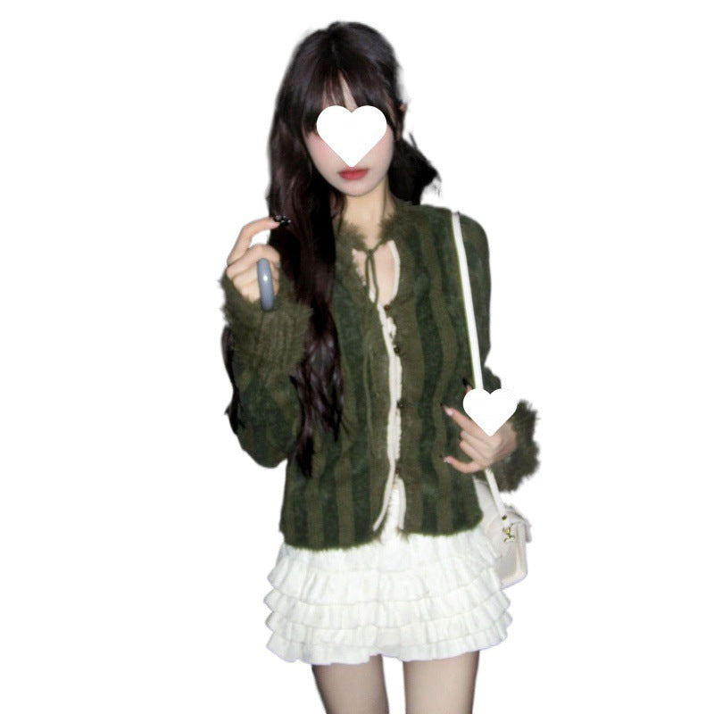 qgtao masc outfits Sweet Hot Girl Retro Lace-up Long-Sleeved Cardigan Sweater Women's Autumn New Plush Stitching All-Matching Coat Top