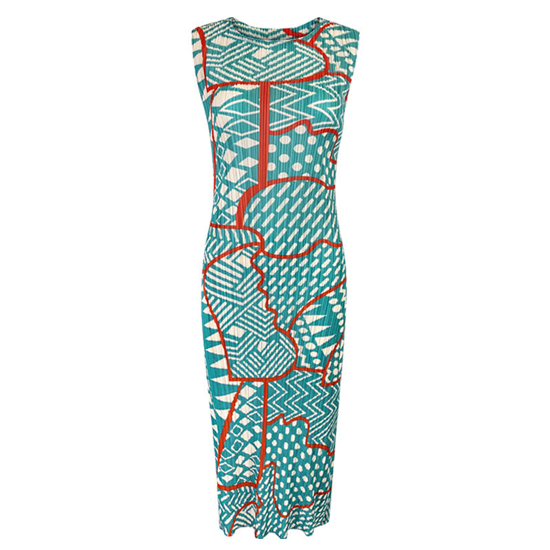 2025 summer new niche personality geometric women's clothing medium and long slim temperament Miyake bottoming dress women's models