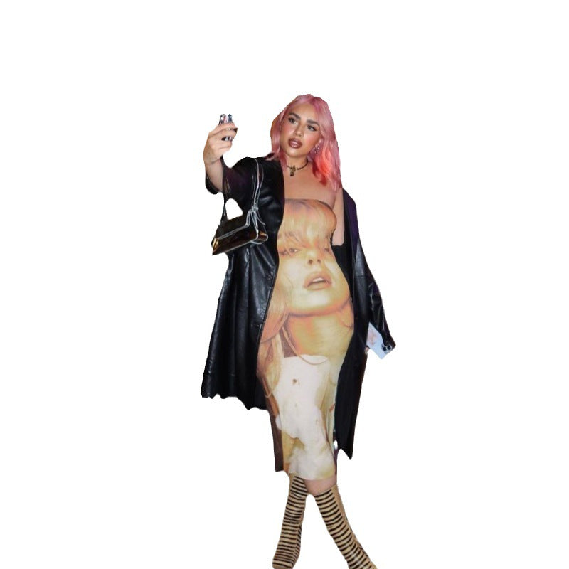 qgtao calico hair Dress Summer Women's Double-Sided Portrait Print Hot Girl Tube Top Slim-Fit Sheath Dopamine Wear Dress Two-Way Wear