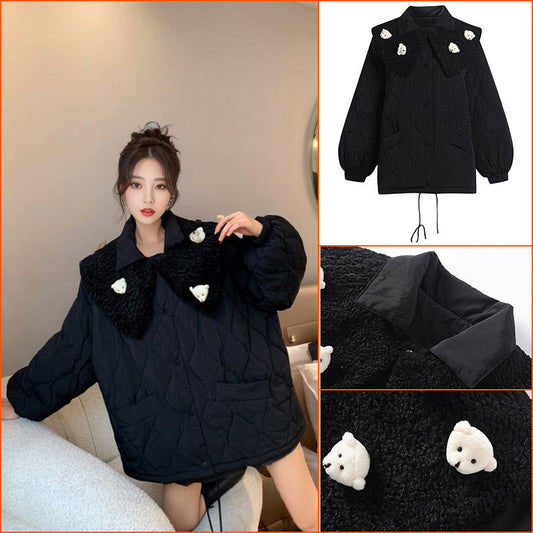 Three-dimensional bear rhombus down cotton-padded clothes for women's  new small winter coat fur collar thickened cotton-padded clothes