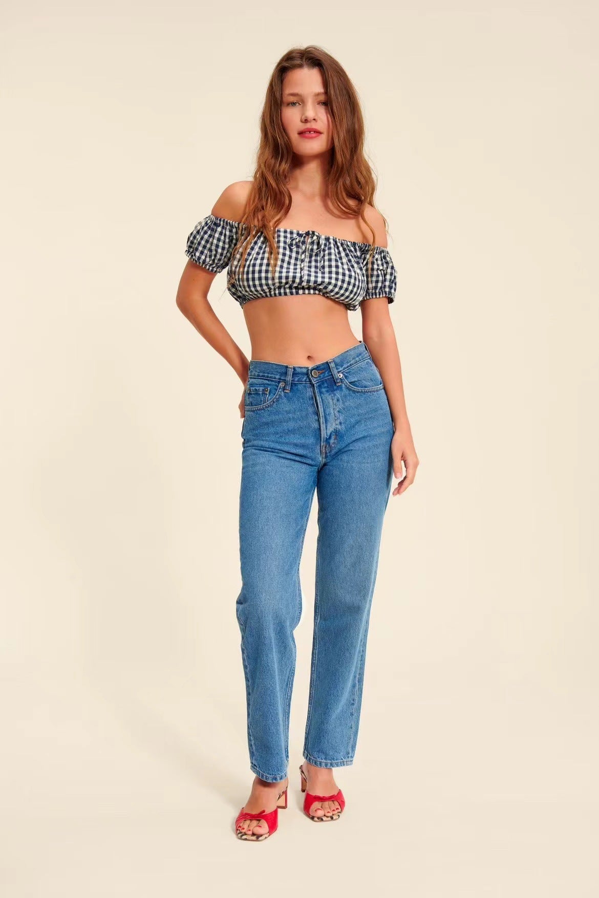 2025 Summer new one-word shoulder tube top T-shirt black and white checkered top short-sleeved women's clothing