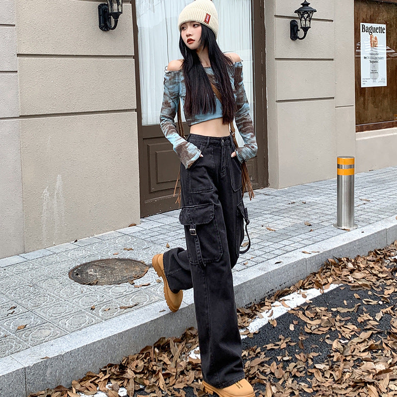 2025 n high street retro overalls jeans women's summer high waist loose wide leg casual pants straight pants long pants