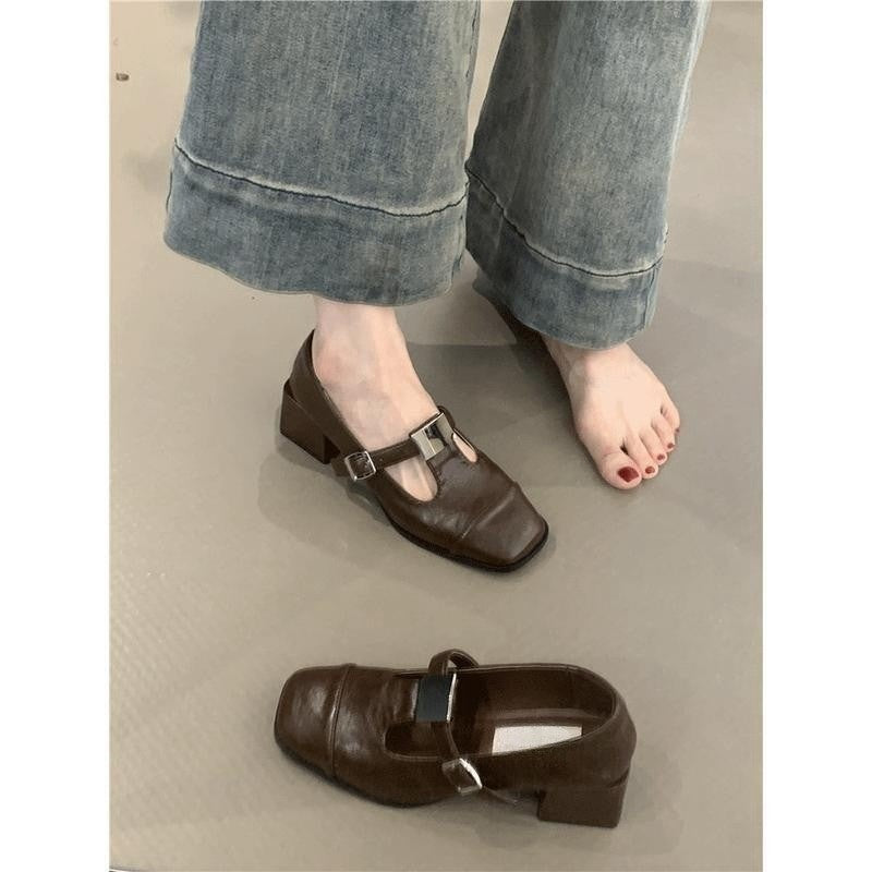 2025 Vintage Mary Jane shoes square head with single shoes commuting thick heel loafers small leather shoes women