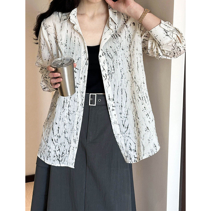 2025 Korean temperament retro ink printing shirt women's 2025 spring loose and thin top 3009