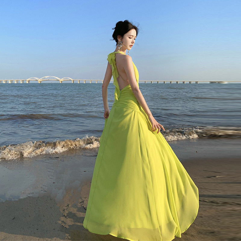2025 Thai Spice Girl pleated neck skirt high split dress backless long dress evening dress Sanya vacation photo skirt