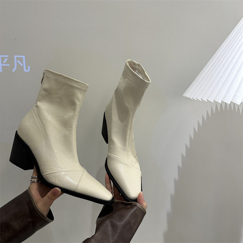 2025 popular autumn and winter new 2025 style square head thick heel high heel short boots women's retro versatile rear zipper fashion Martin boots