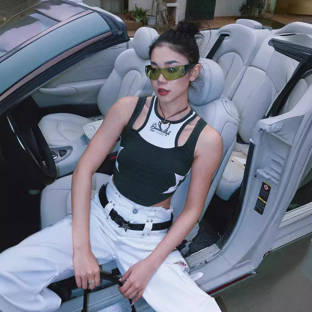 qgtao y2k Y2g American Retro Top Star Pattern Print Fake Two-Piece Vest Slim Fit Short T-shirt Female Ins