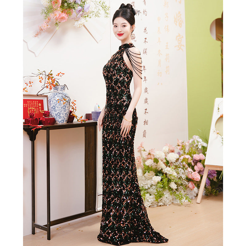 2025Evening dress women's new black sequins light luxury niche temperament host annual meeting banquet fishtail dress skirt