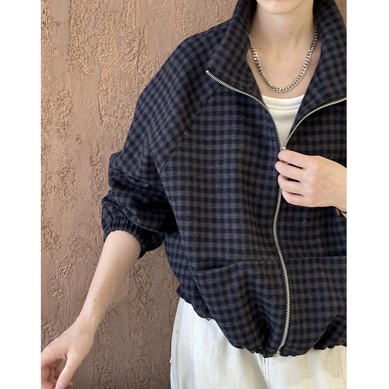 2025 popular autumn new top Korean version retro stand-up collar plaid loose and thin versatile jacket 807-5