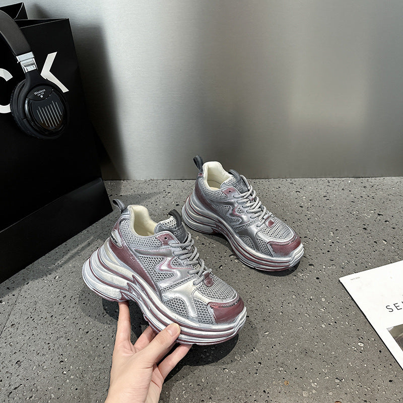 2025 Leather platform dad shoes women's popular autumn new Korean version breathable and versatile, light and non-slip casual sports shoes tide