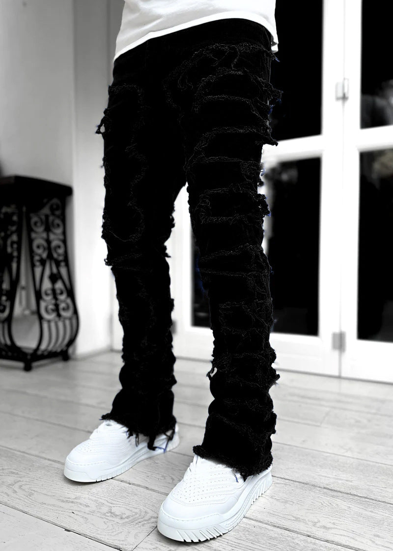 2025 Cross-border new men's denim straight pants, 2025 street fashion ins popular elastic sticker denim straight pants
