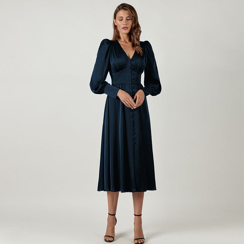 qgtao pop culture dress to impress 2024 Autumn and Winter Women's Long Dress V-neck Satin Court Waist-Tight Retro Dress Women