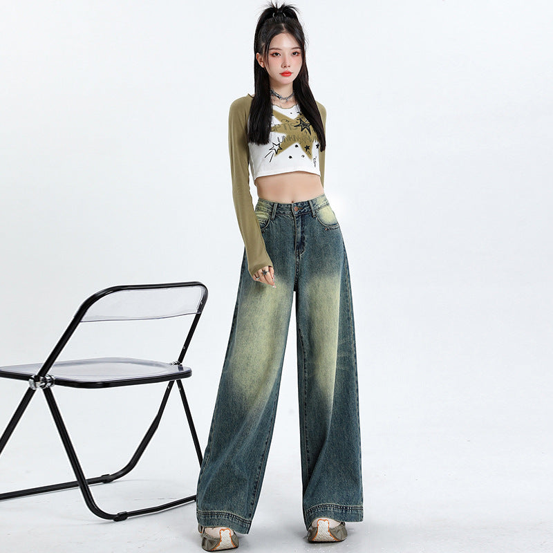 2025 popular retro blue n jeans women's early autumn new heavy industry washed fashion versatile wide leg mopping pants tide