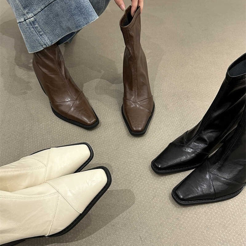 2025 popular autumn and winter new 2025 style square head thick heel high heel short boots women's retro versatile rear zipper fashion Martin boots