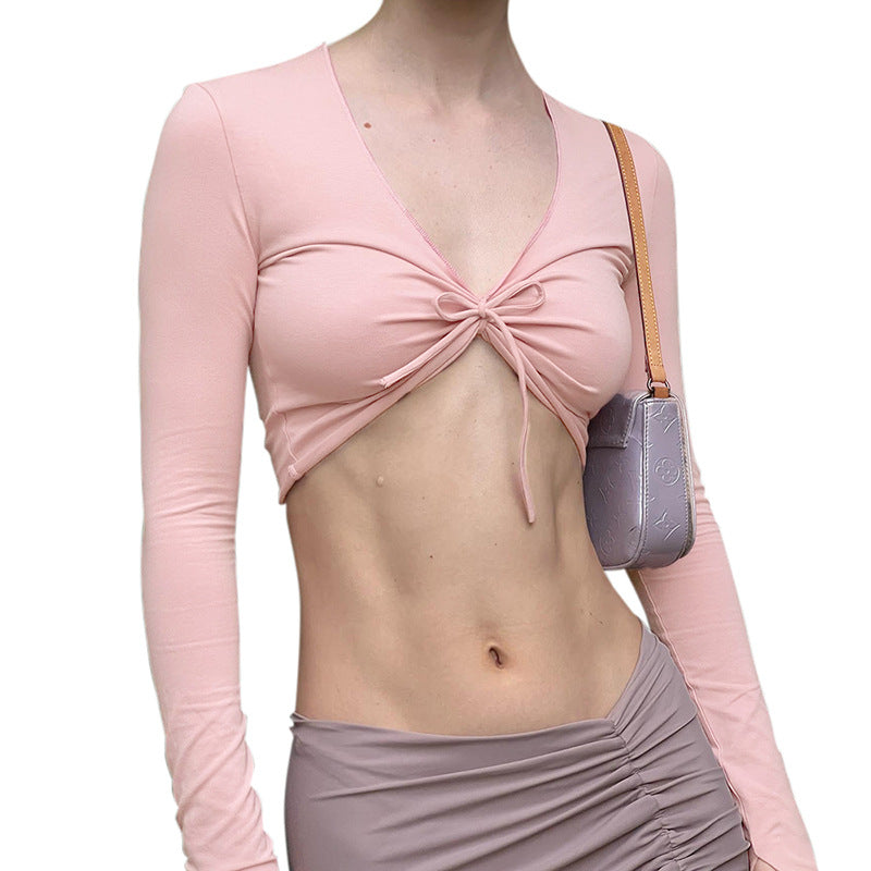 qgtao 2000s fashion Women's Autumn New Solid Color V-neck Twisted Lace-up Finger-up Long Sleeve Navel Top T-shirt for Women