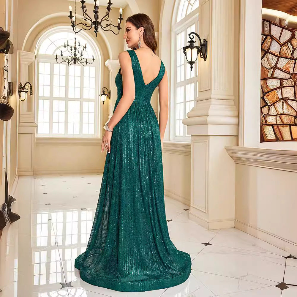 2025sexy backless dress new green slim long catwalk banquet deep V evening dress