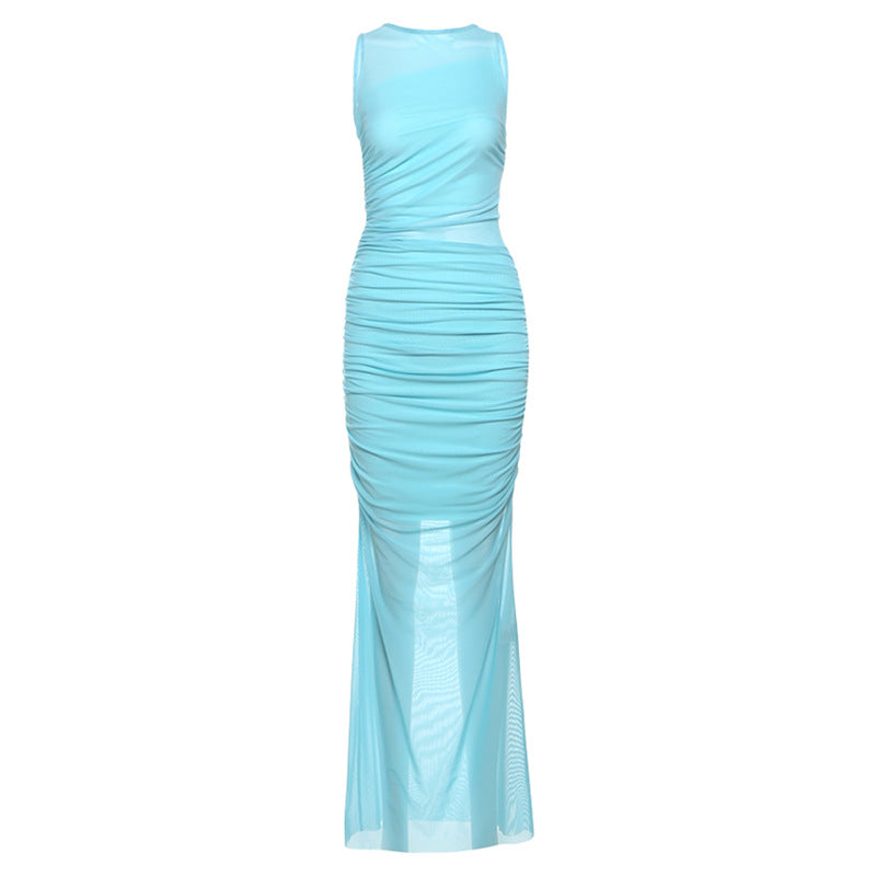 2025 style spring new women's dress sexy mesh perspective sleeveless crew neck dress
