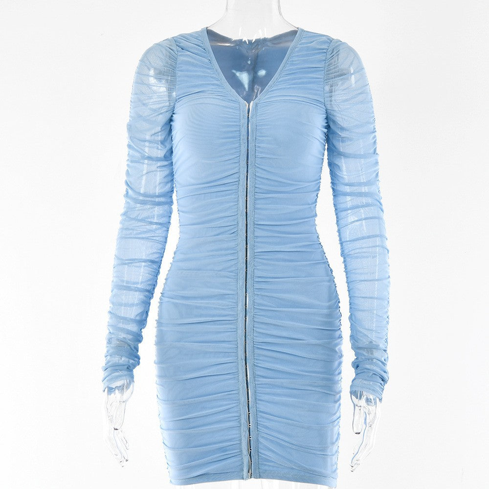 2025 Popular trade women's clothing summer new Spice Girls sexy short dress single-breasted mesh long-sleeved V-neck dress