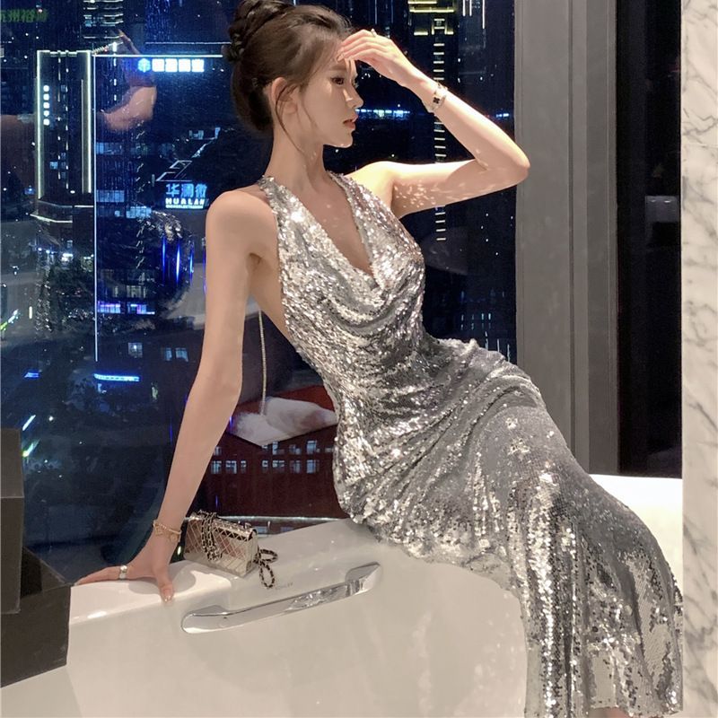 2025 Pure lust hottie backless sexy sequin silver dress Bling premium light luxury evening dress bridal toast dress