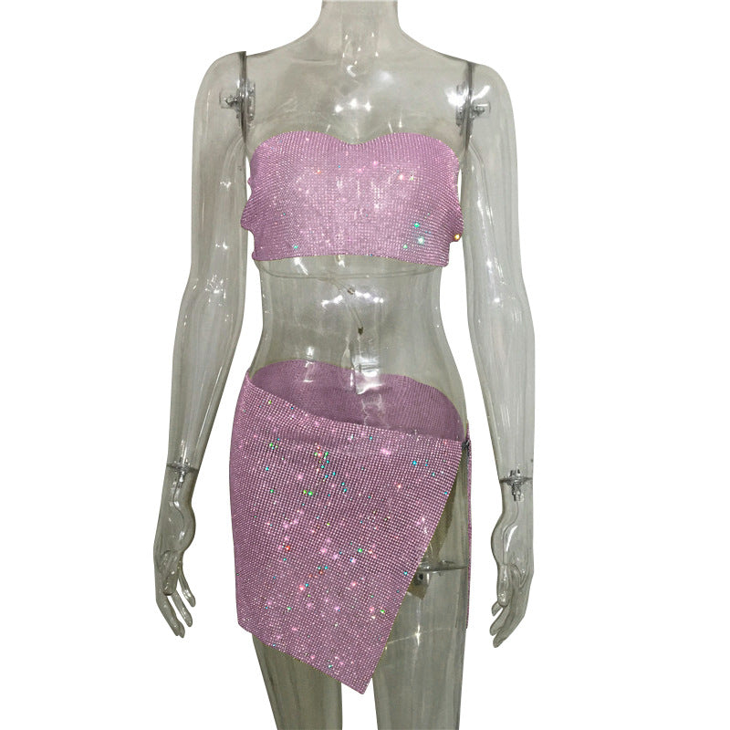 qgtao dti outfits Fashion Nightclub Women's Personalized Rhinestone Metal Tube Top Skirt Suit Hot Girl Flash Diamond Top