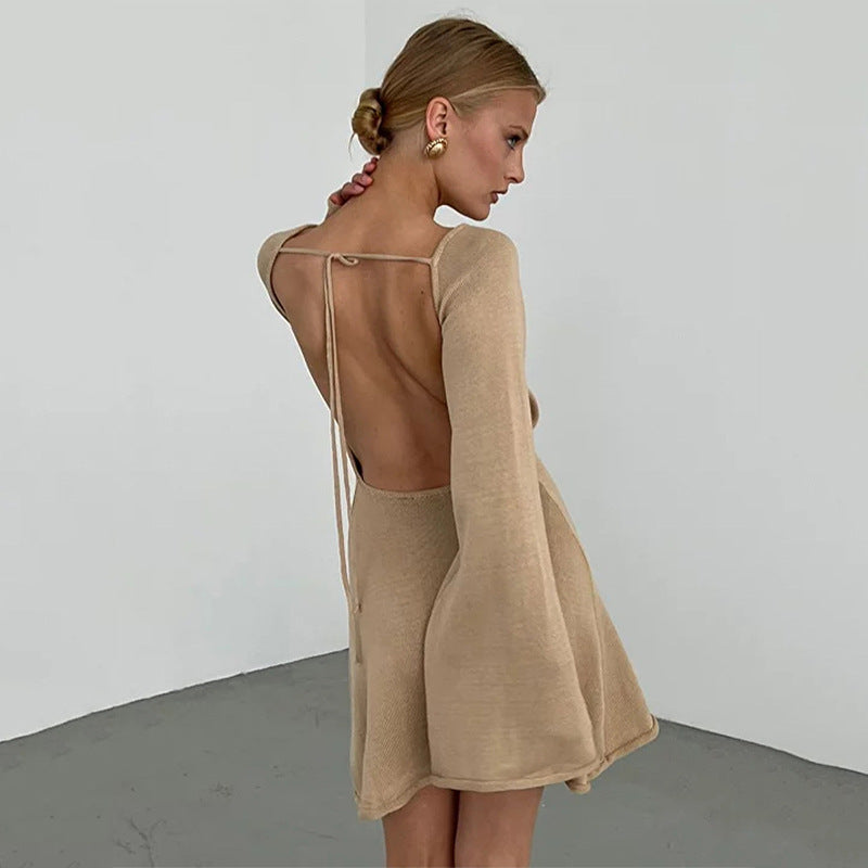 2025 new sexy backless dress for women, New horn sleeves loose beach vacation dress for women