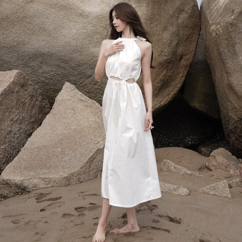 2025 White waist hollow neck sling skirt women's summer new seaside vacation fairy sleeveless dress
