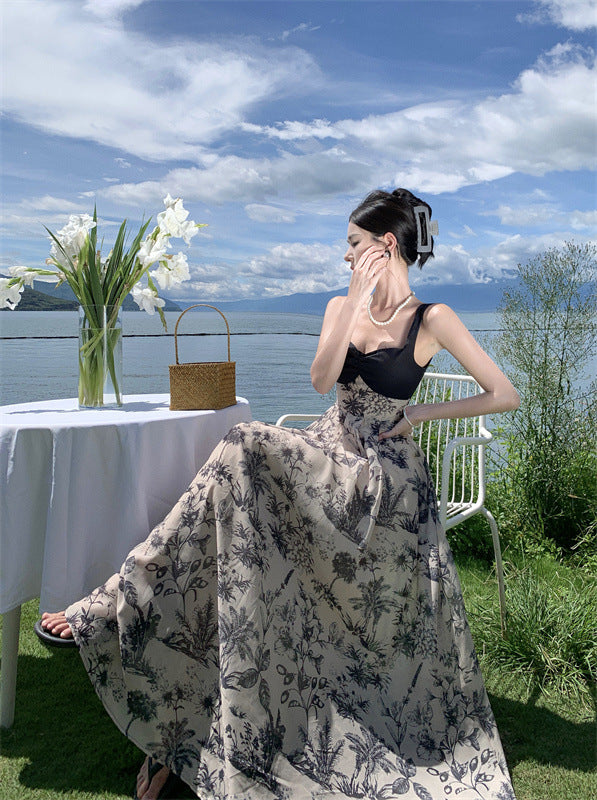 2025 New Chinese style suspender dress women's retro ink floral splicing seaside vacation long dress beach dress