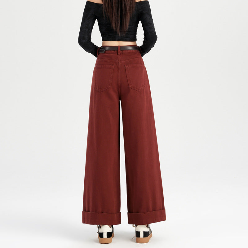 2025 straight dyeing popular autumn new angora red curled jeans women's high waist and thin wide-leg denim