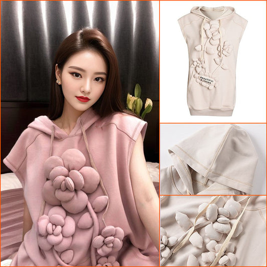 Three-dimensional cloud flower design sense loose hooded sweater thickened women's tide medium and long sports casual sleeveless top
